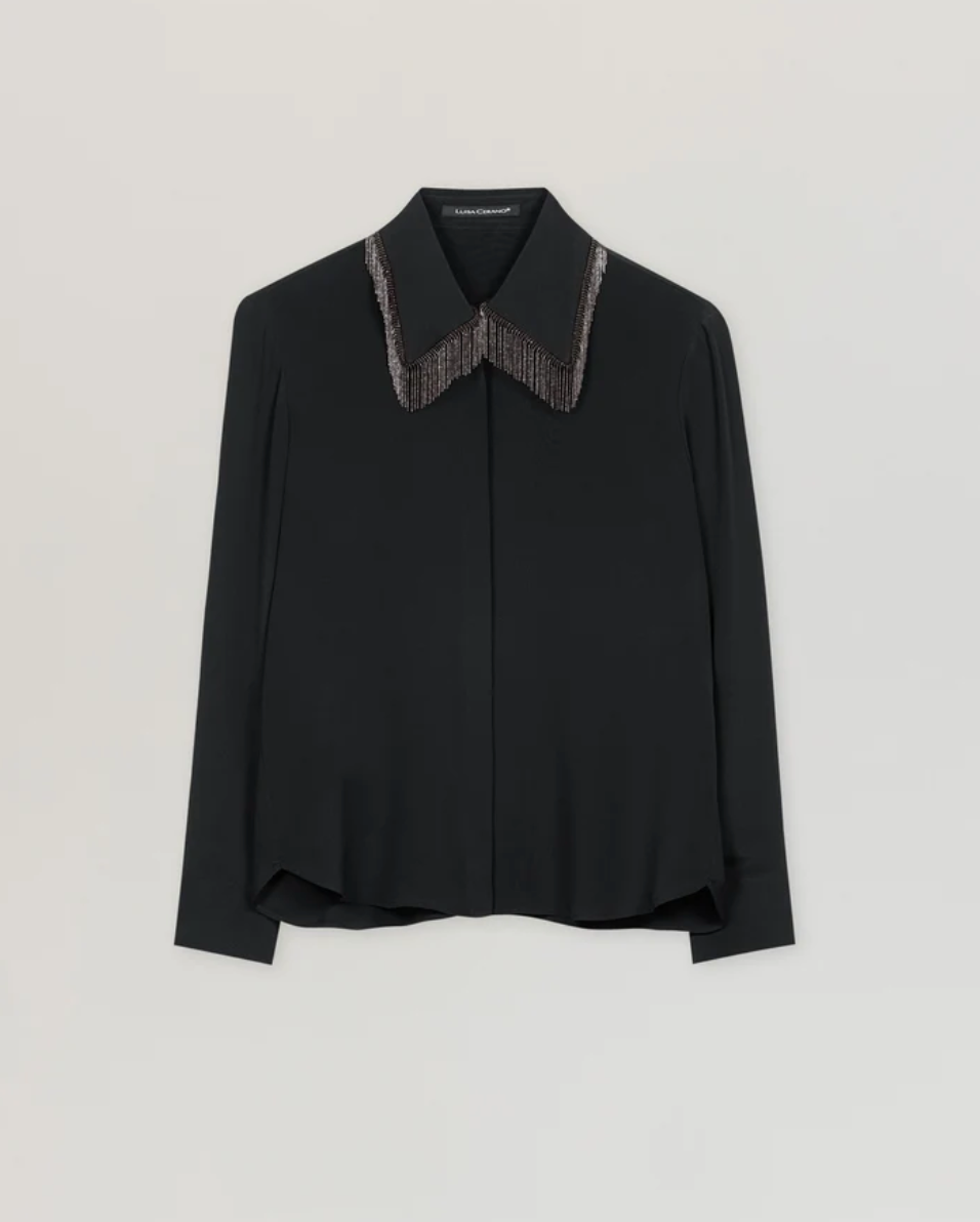 Luisa Cerano Black Shirt with Chain Fringe