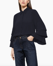 Load image into Gallery viewer, Luisa Cerano Navy Ruffled-Sleeve Georgette Blouse
