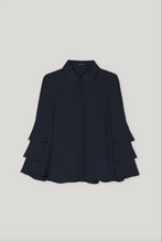 Load image into Gallery viewer, Luisa Cerano Navy Ruffled-Sleeve Georgette Blouse
